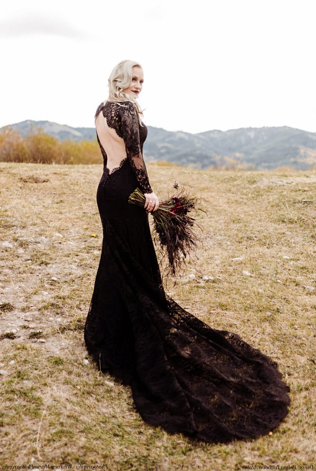 Gothic Black Lace Wedding Dress with Long Sleeves