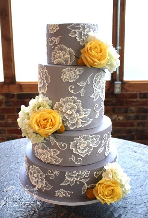 Grey and Yellow Lace Wedding Cake