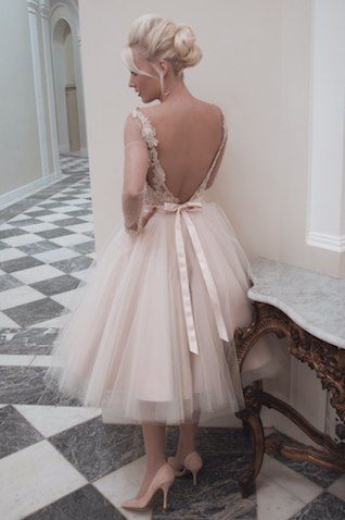 House of Mooshki tea length blush tulle wedding dress