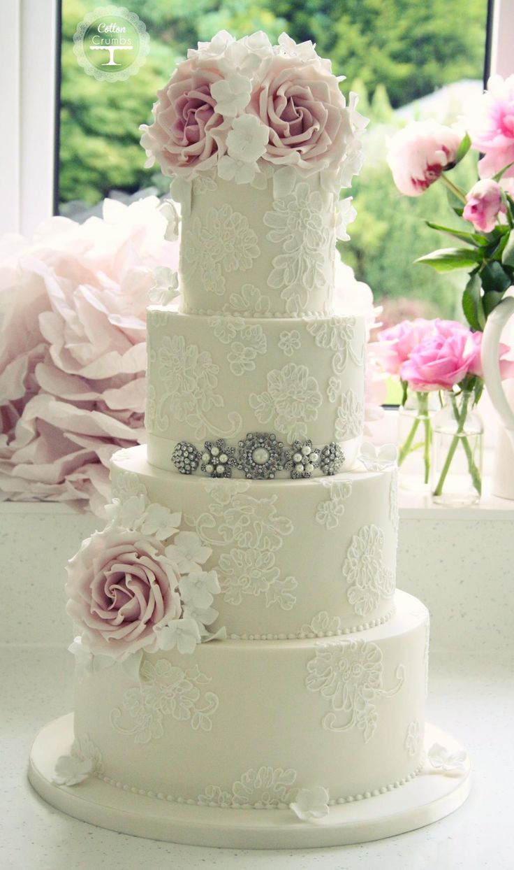 Lace Wedding Dress with Pearls Beaded and Pink Sugar Flowers