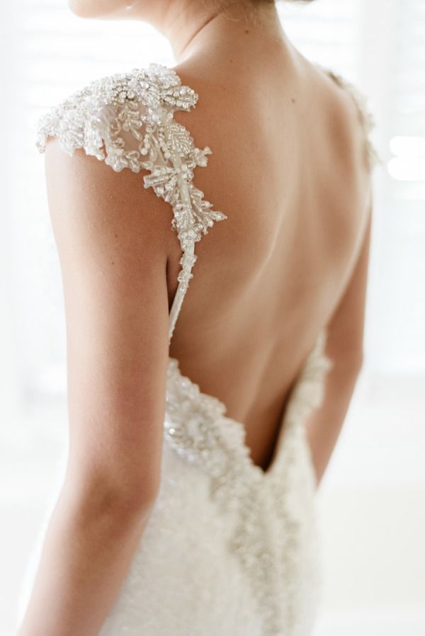 Lace caped sleeves open back wedding gown