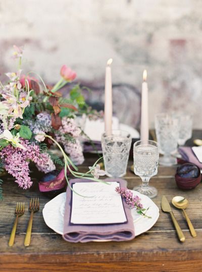 Lavender and plum wedding table decor