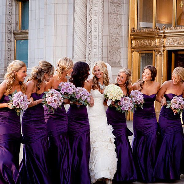 Long strapless trumpet plum purple bridesmaid dresses