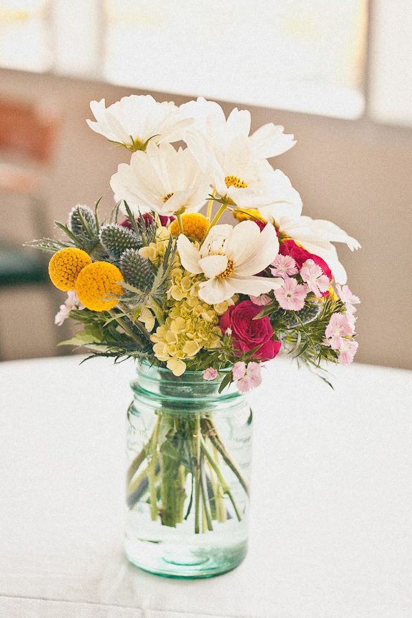 Mason jar and wildflowers wedding centerpiece