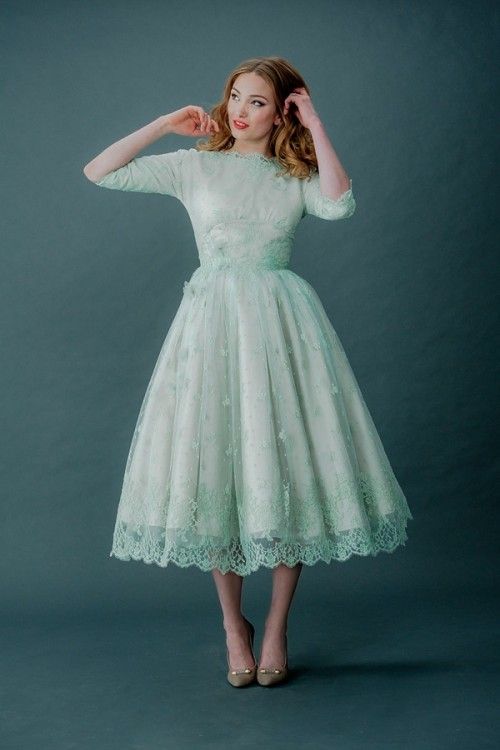 Mint Retro Tea-Length Wedding Dress with Sleeves