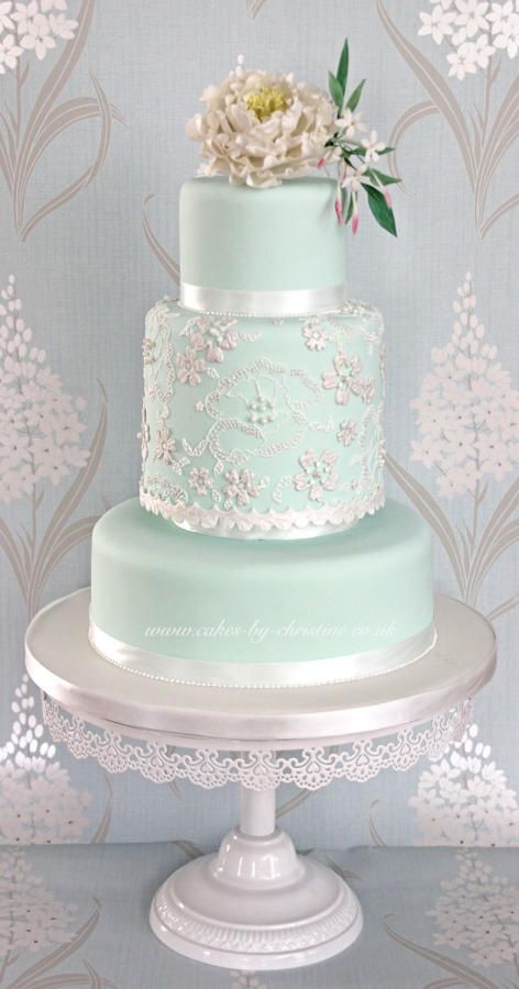 Mint peony and lace wedding cake design