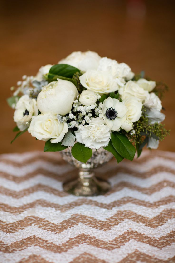 Mixed White Centerpiece with Anemones with Chevron Sequin Linens