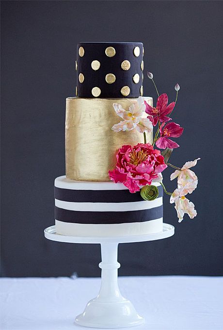 Modern Black and Gold Wedding Cake with Flowers and Fondant Dots and Stripes