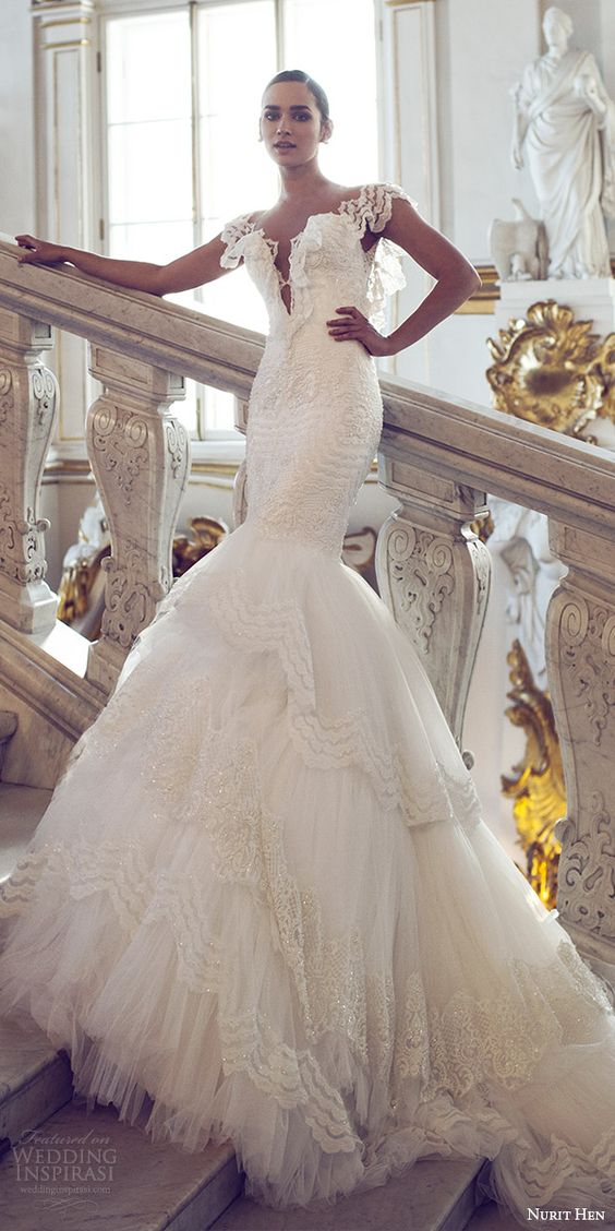 NURIT HEN 2016 bridal flutter sleeves split sweetheart neckline mermaid lace wedding dress