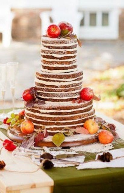 Naked Fall Wedding Cake with Apple Decor