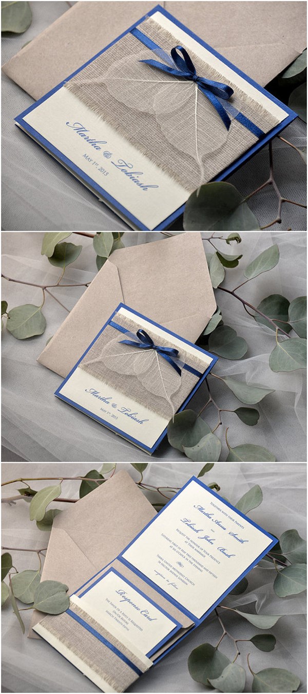 Navy Eco Linen Pocket Fold Burlap Wedding Invites