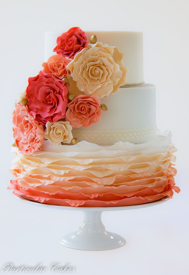 Ombre coral wedding cake with sugar flowers from cake central