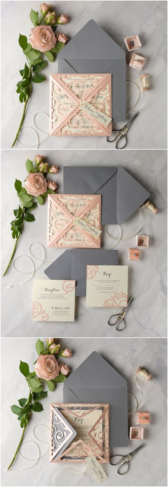 Peach Grey Lace Laser Cut Wedding Invitation Set