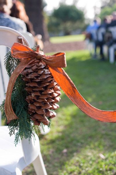 Pine cones line the aisles for fall or winter wedding