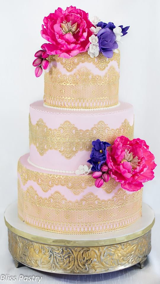 Pink and Gold Lace Wedding Cake with Flowers