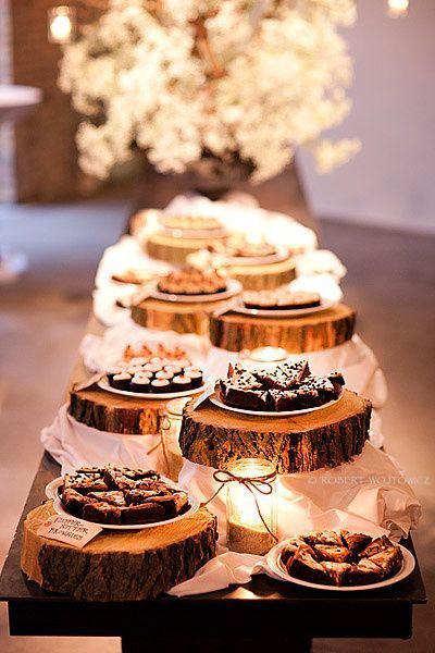 Place the wedding reception food or desserts on cut out pieces of wood to add that rustic or country theme