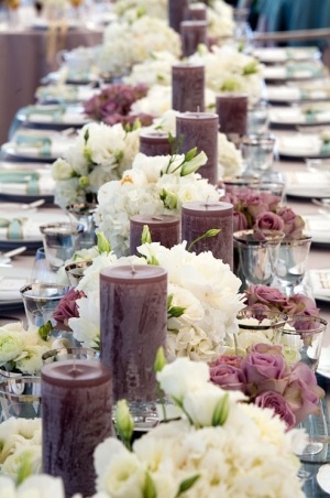 Plum candles white lisianthus and white dahlia long tables