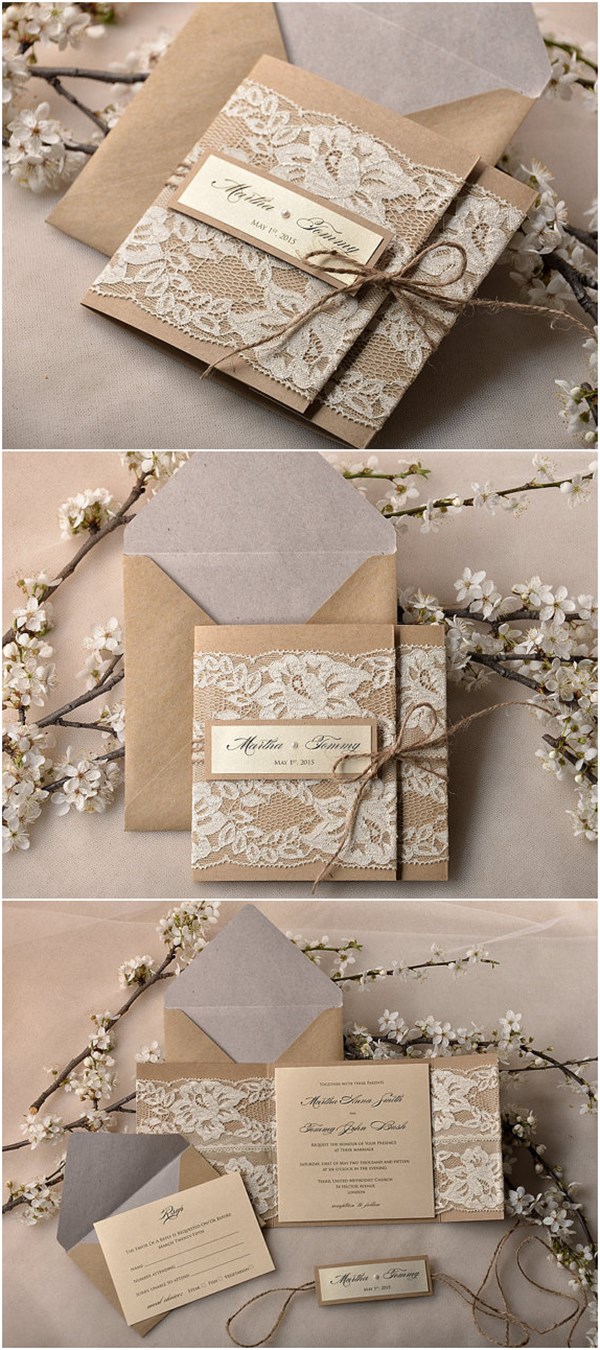 Pocket Fold Rustic Recycling Paper Lace Wedding Invites Kits