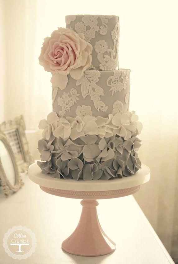 Pretty Grey Ombre Ruffles and Lace Wedding Cake