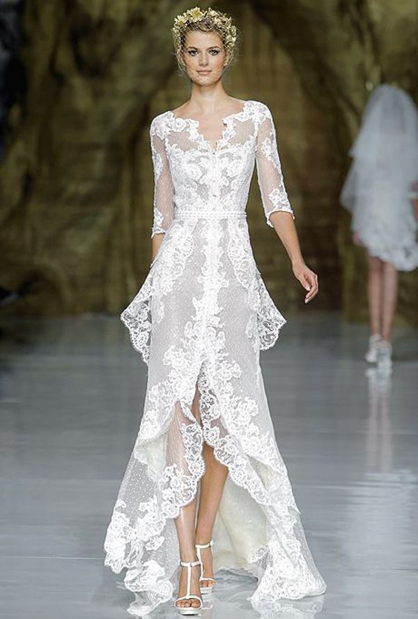Pronovias high low lace wedding dress with 3 4 sleevesjpg