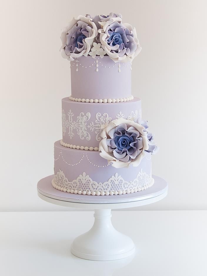 Purple Lace Wedding Cake with Purple Ombre Sugar Roses Topper