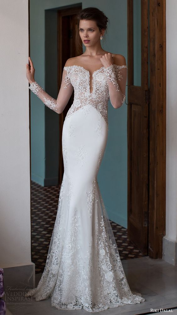 RIKI DALAL bridal 2016 illusion long sleeves off shoulder pluging sweetheart lace sheath wedding dress