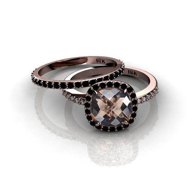 Rose Gold Ring with Smokey Quartz Black Diamonds