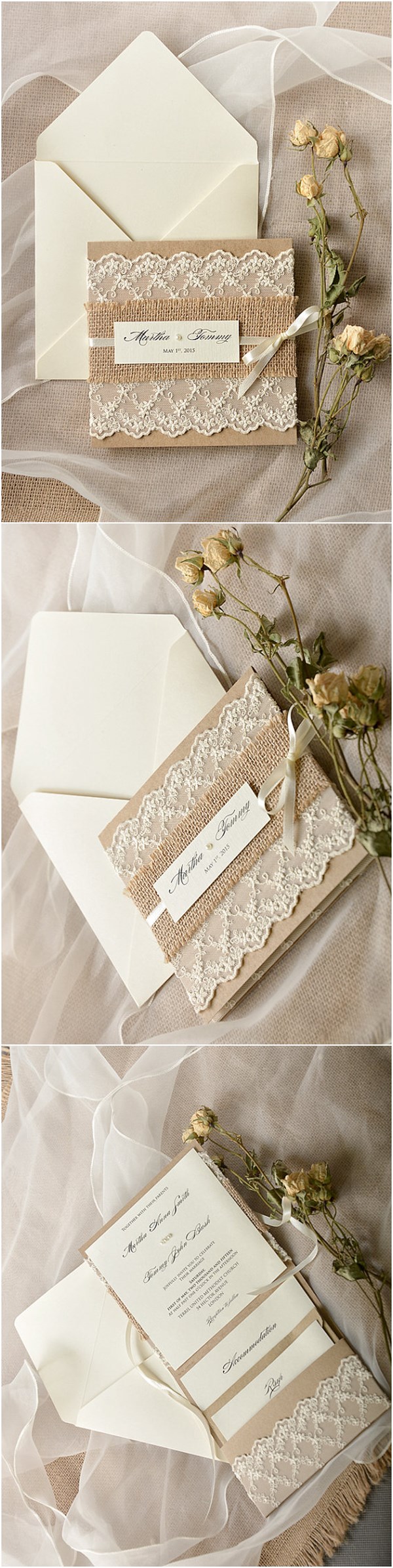 Rustic Burlap Lace Poketfold Wedding Invitations