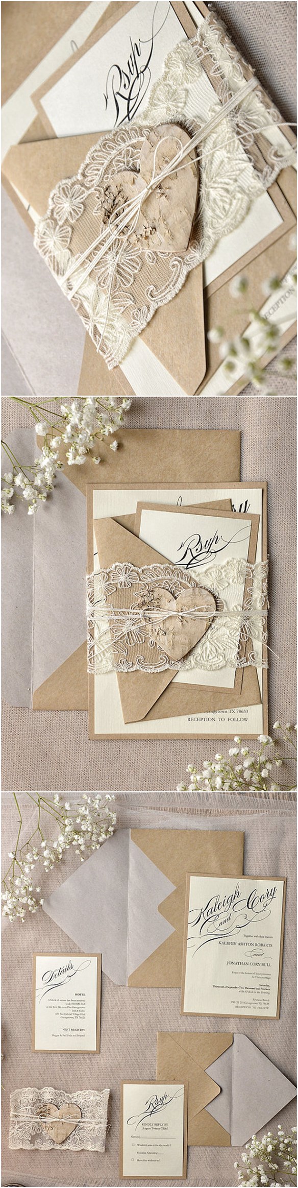 Rustic Calligraphy Recycled Lace Wedding Invitation Kits
