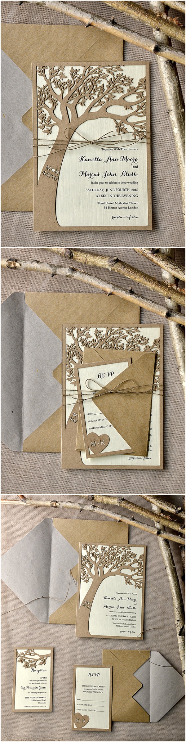 Rustic Country Eco Chic Laser Cut Tree Wedding Invitations