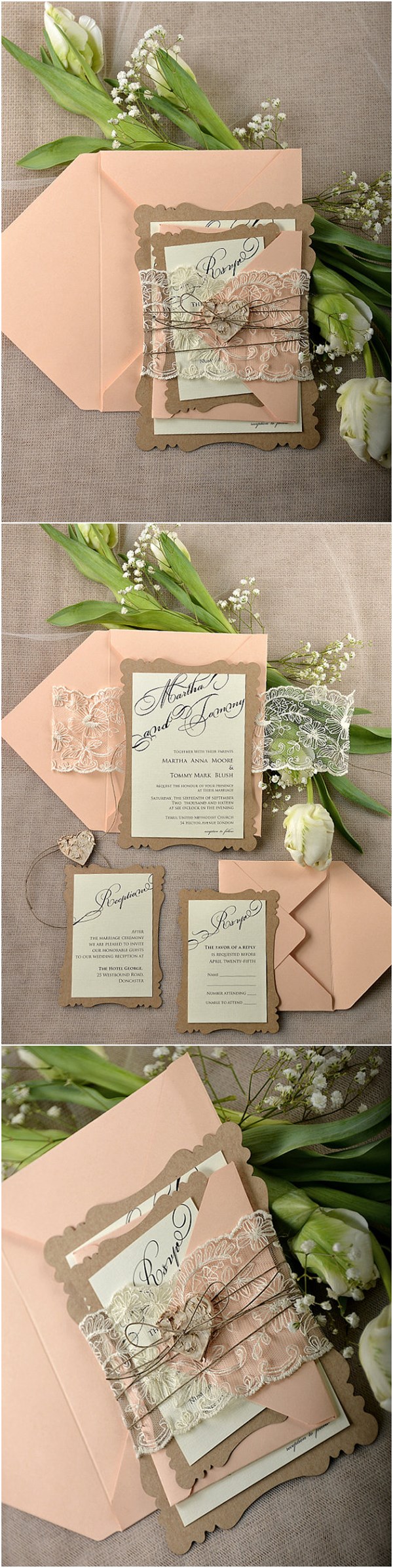 Rustic Eco Peach Lace Laser Cut Wedding Invitation Kits