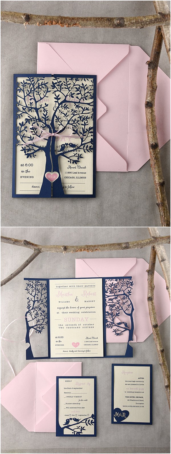 Rustic Laser Cut Tree Pink Navy Wedding Invitations