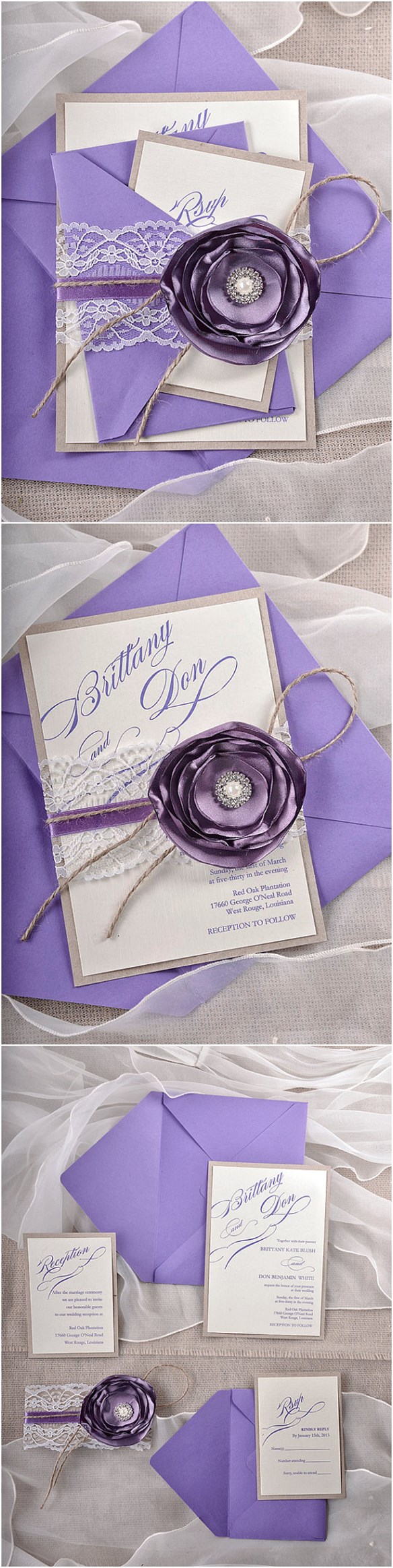 Rustic Lavender Purple Lace Wedding Invitation Cards