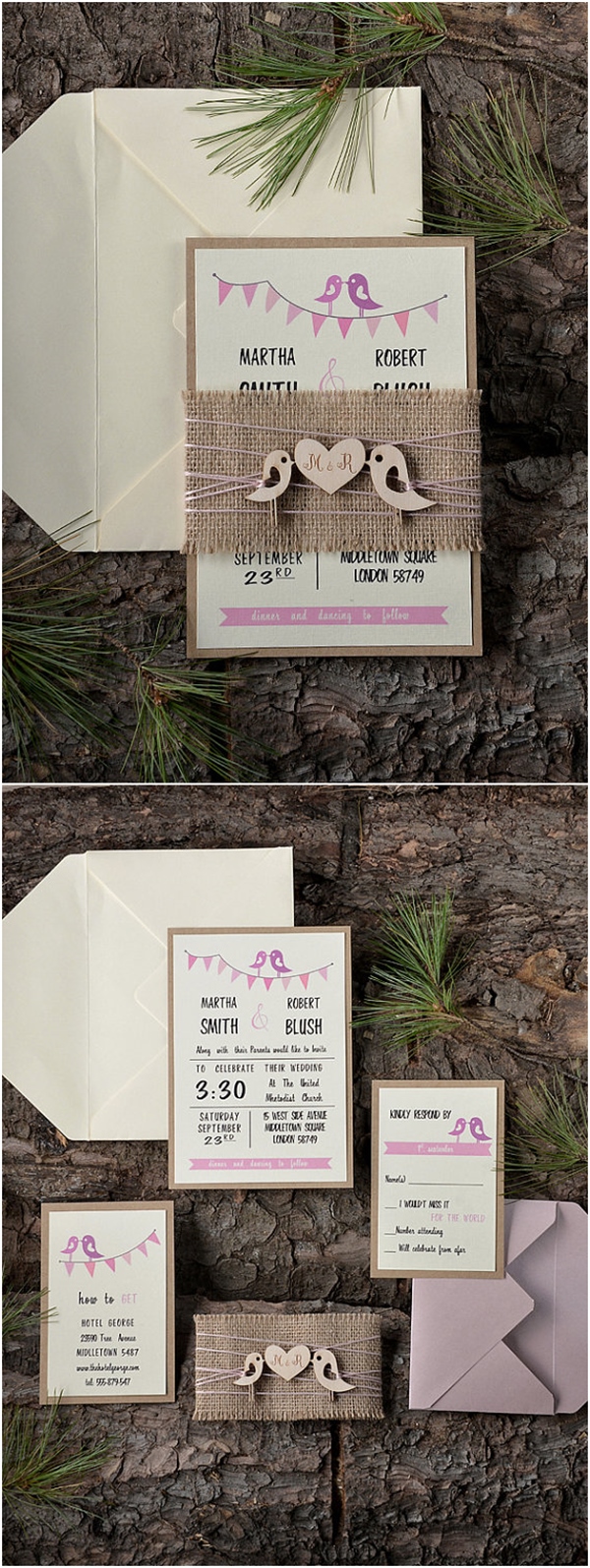 Rustic Lovebirds Pink Wedding Invitation Kits