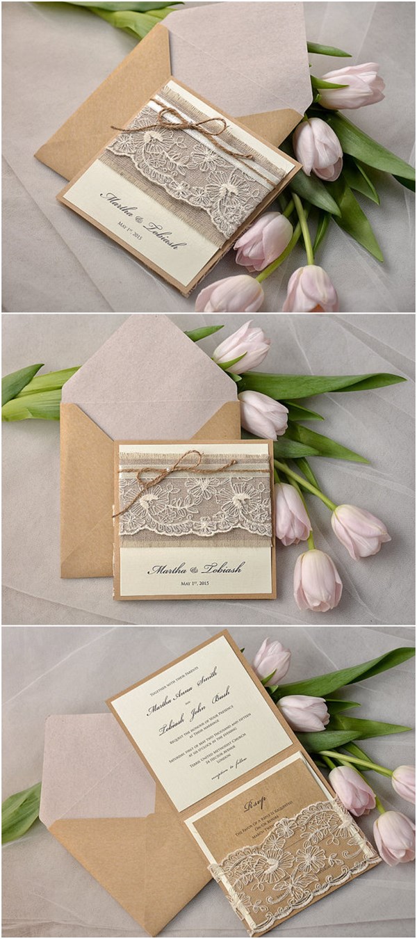 Rustic Twine Pocket Fold Eco Linen Lace Wedding Invitation