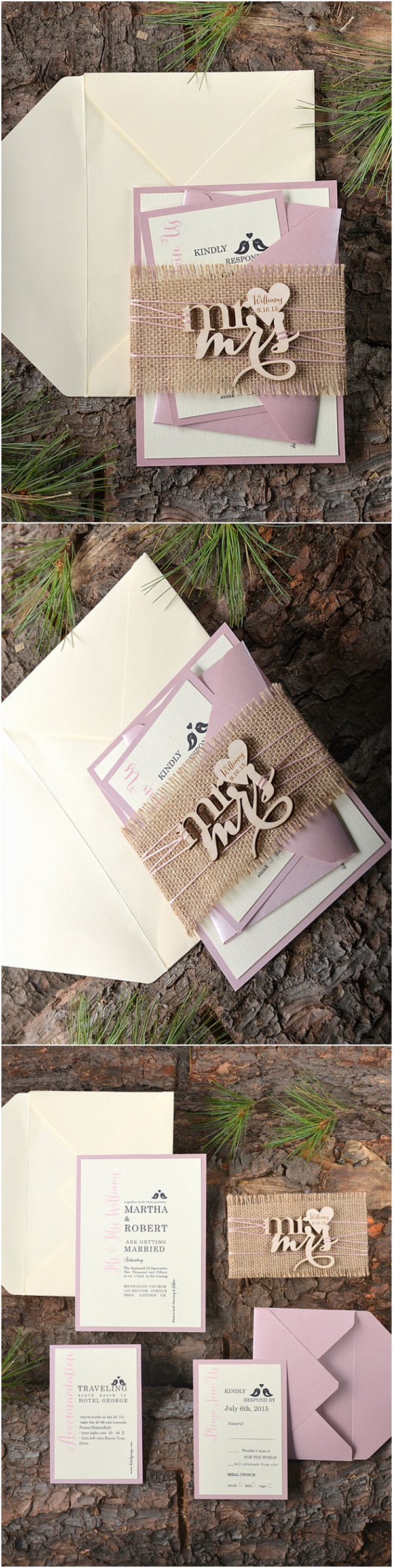 Rustic Wood Birds Burlap Pink Wedding Invitations