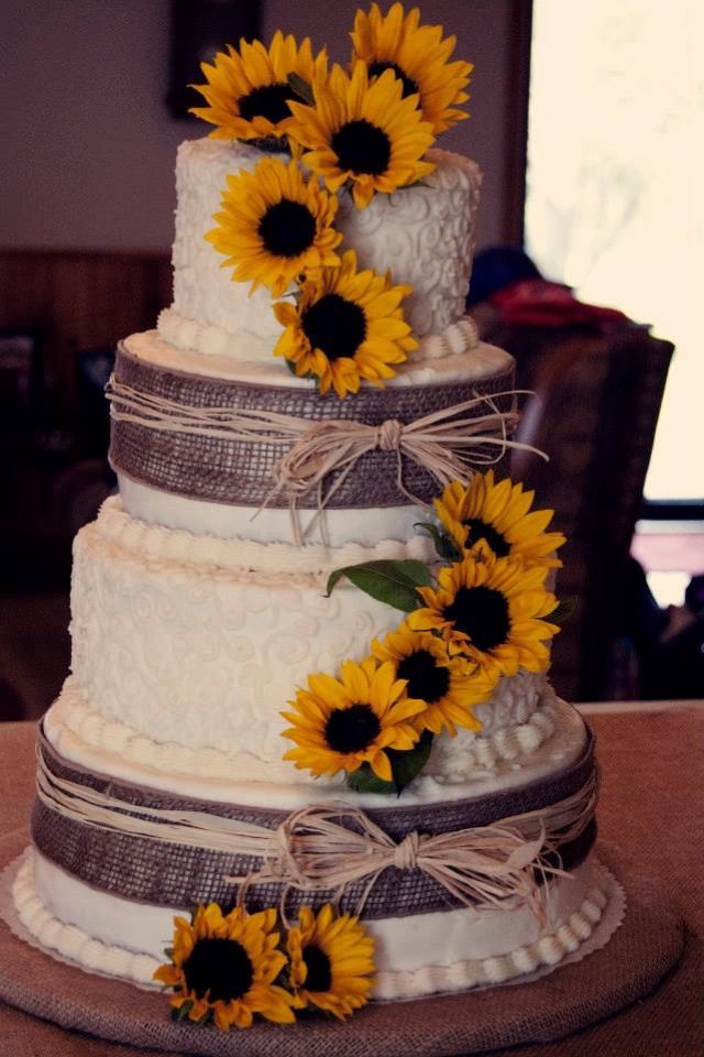 Rustic burlap and sunflowers wedding cake
