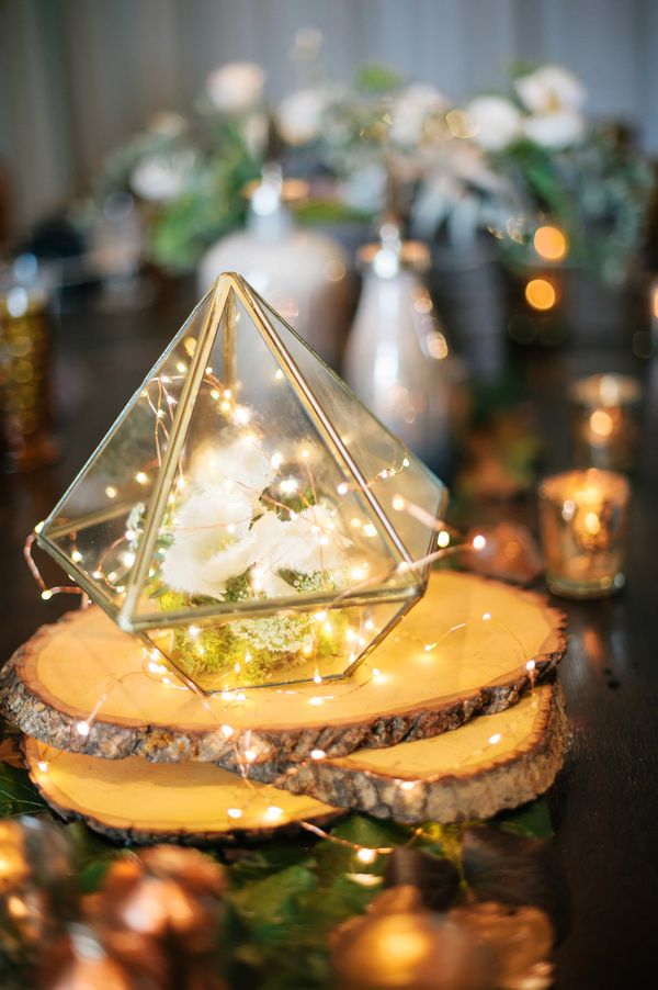Rustic wedding ideas-geometric wedding centerpieces with lights and wood