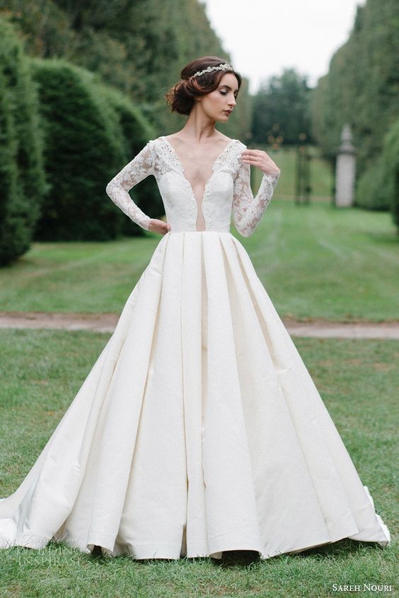 SAREH NOURI bridal fall 2016 long sleeve deep vneck aline ball gown wedding dress (laylee) mv romantic elegant