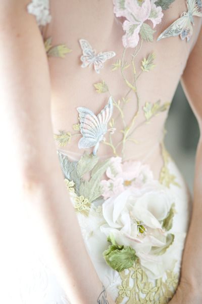 Secret garden green and pink lace wedding dress
