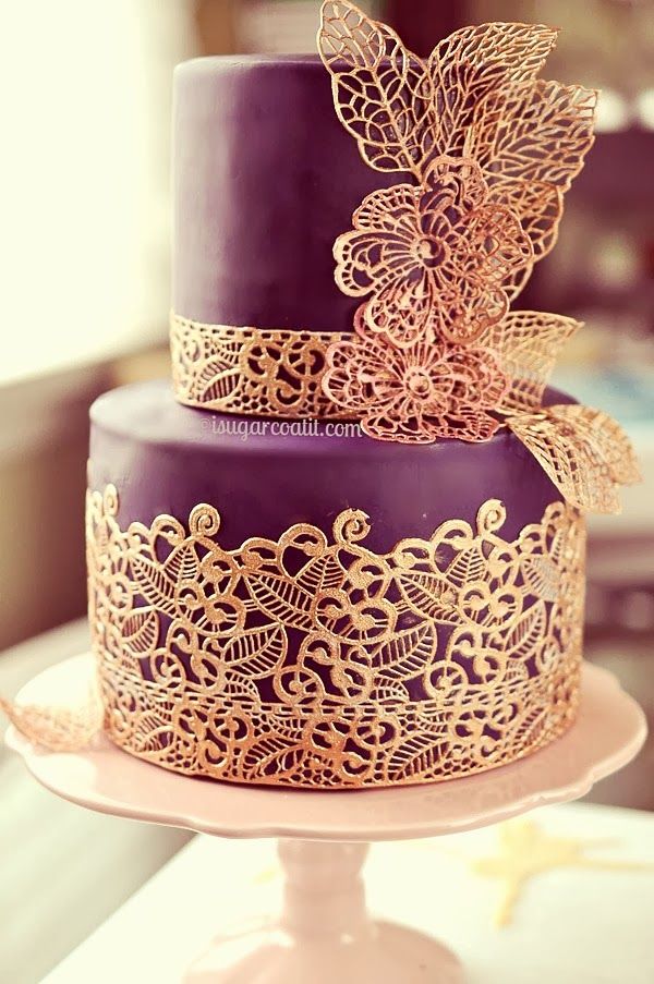 Spectacular Gold and Purple Lace Wedding Cake