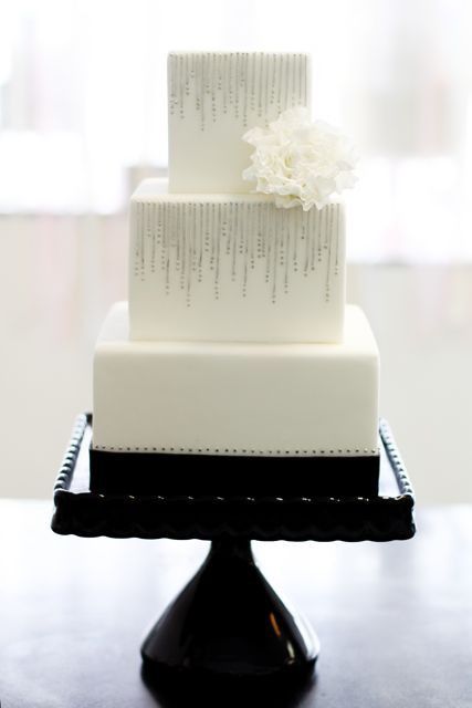 49 Amazing Black and White Wedding Cakes 2024 3 Square tiers silver decorated black and white wedding cake