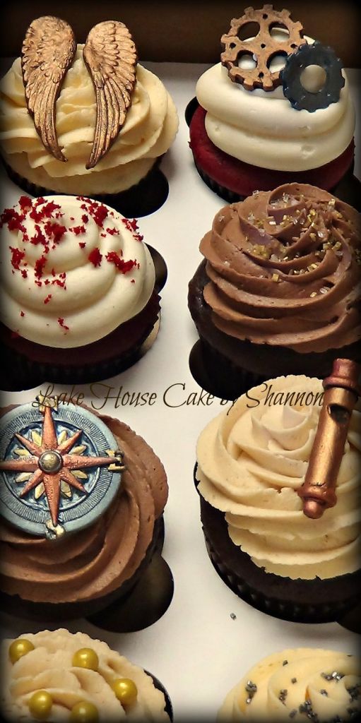 Steampunk steam punk cupcakes wings whistle compass gold silver bronze copper wedding Lake House Cake by Shannon