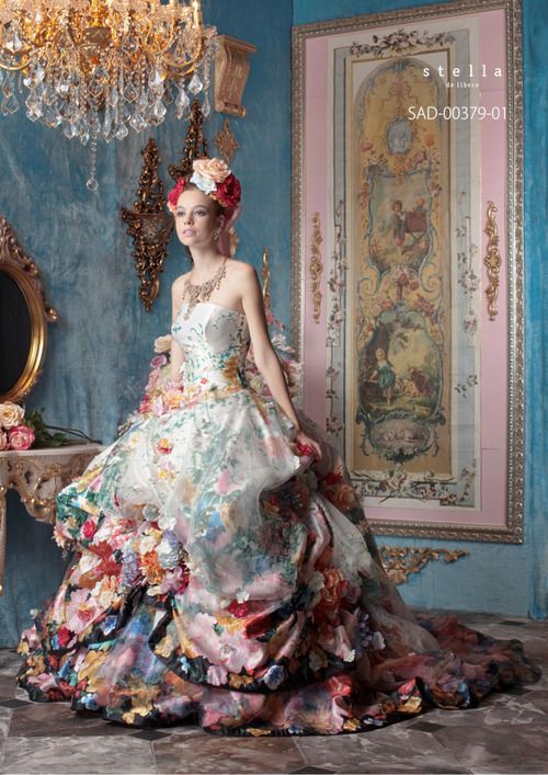 50+ Awesome and Unique Steampunk Wedding Ideas 2024 3 Stella de Libero Floral Printed Ball Gown Wedding Dress for Victorian Steampunk Wedding