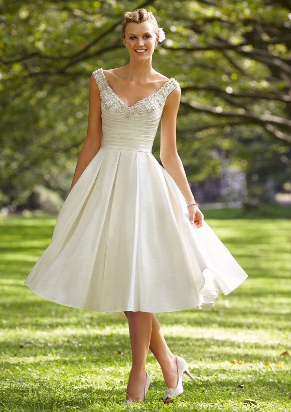 bardot tea length wedding dress