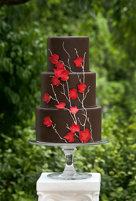 Three-Tier Brown Fall Wedding Cake with Red Leaves