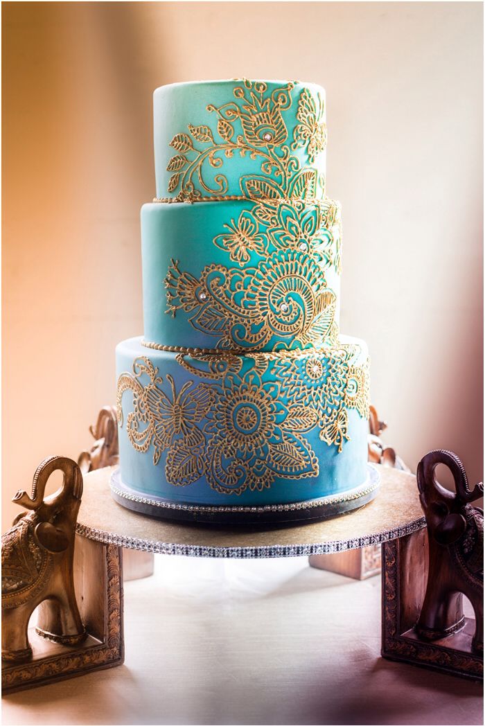 Tiffany Blue and Gold Lace Wedding Cake