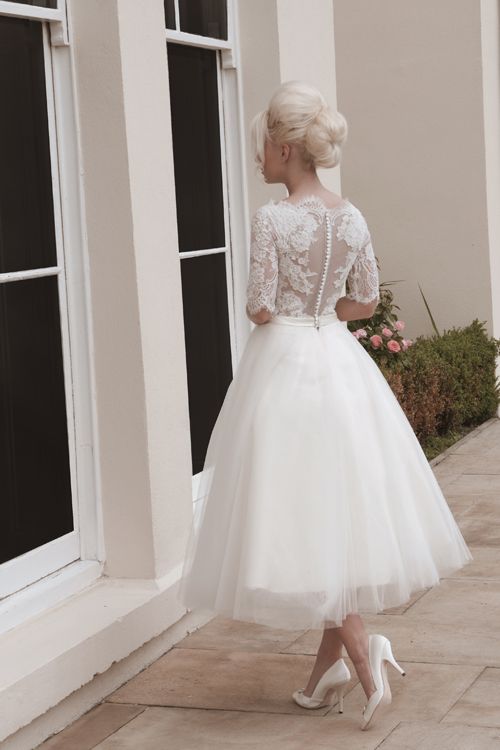 Tulle and lace short calf length wedding dress with elbow lace sleeves