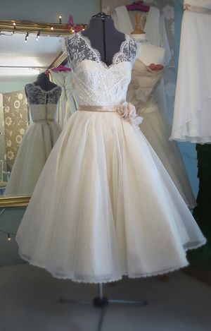 V-neck Tea Length Wedding Dress with Belt