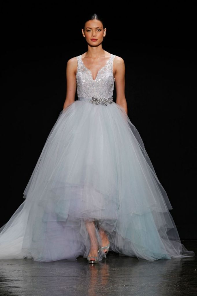 V neck beaded Pastel Tulle Hi-Low Wedding Dress